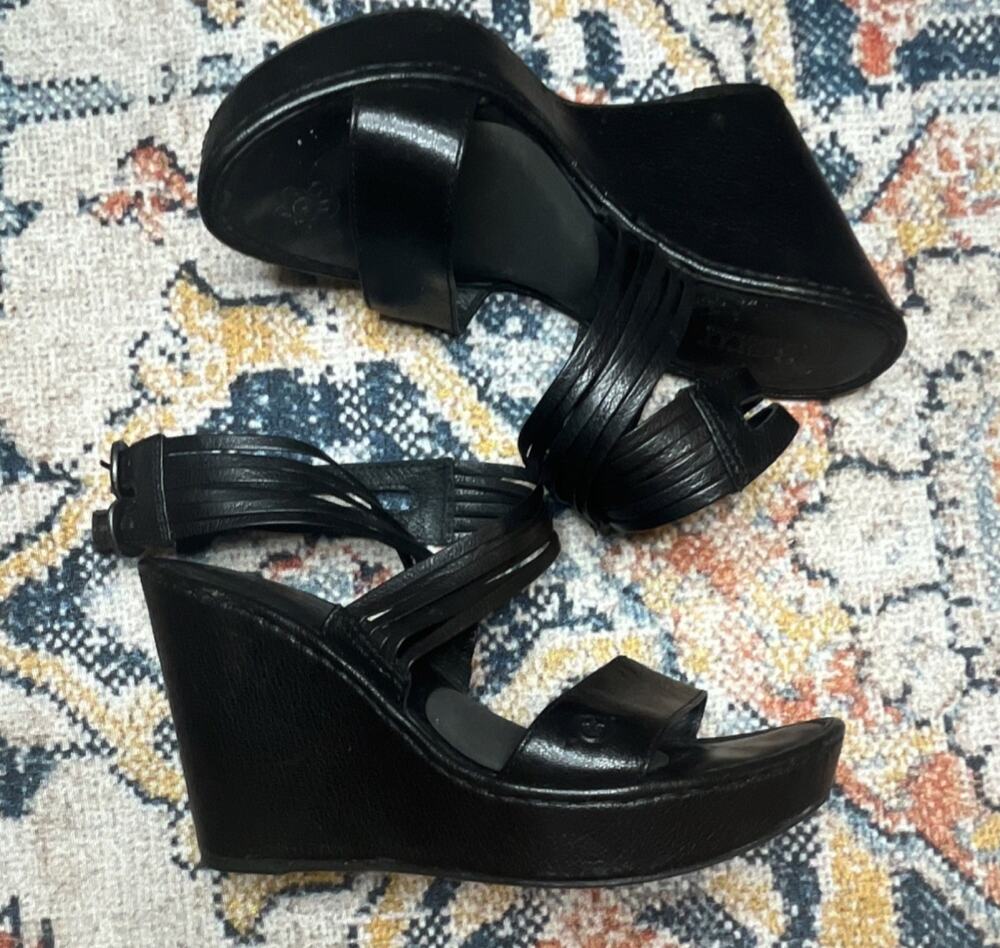 Børn Womens Black Leather Strappy Wedge Sandals Size 8 Comfort Platform